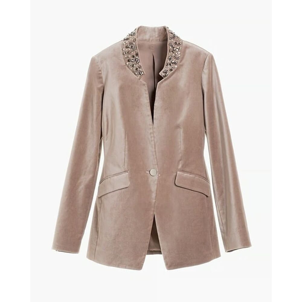 Chicos 3 / Xl‎ Statement Blazer Velvet Rhinestone Collar Taupe Champagne Evening